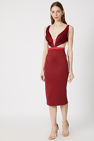Maroon Embroidered & Textured Dress by Gavin Miguel
