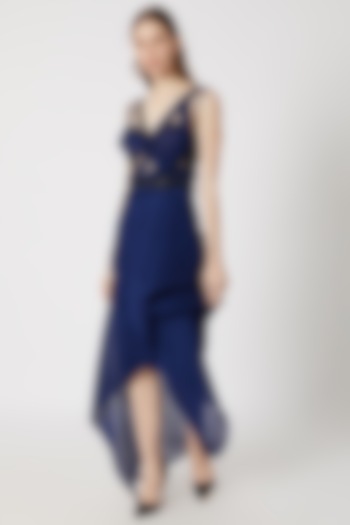 Blue Embroidered Asymmetrical Dress by Gavin Miguel
