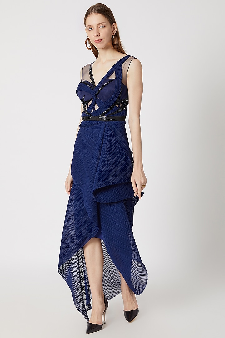 Blue Embroidered Asymmetrical Dress by Gavin Miguel