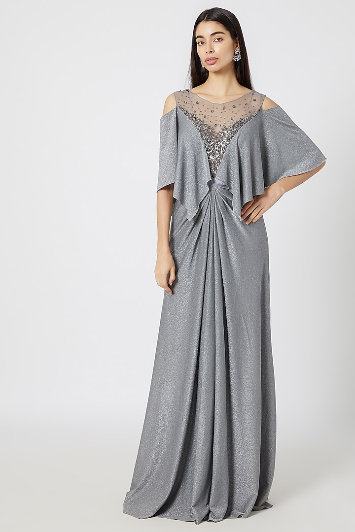 Silver Embroidered Shimmer Gown by Gavin Miguel
