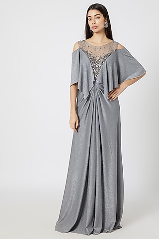 Silver Embroidered Shimmer Gown by Gavin Miguel
