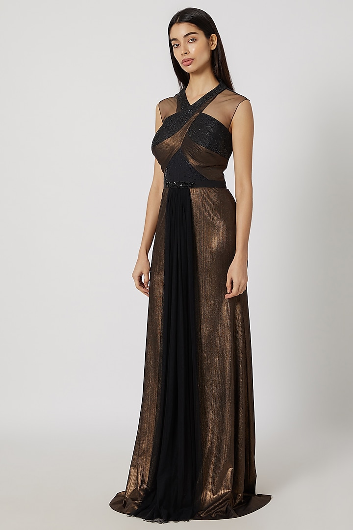 Dull Gold Pleated Gown by Gavin Miguel