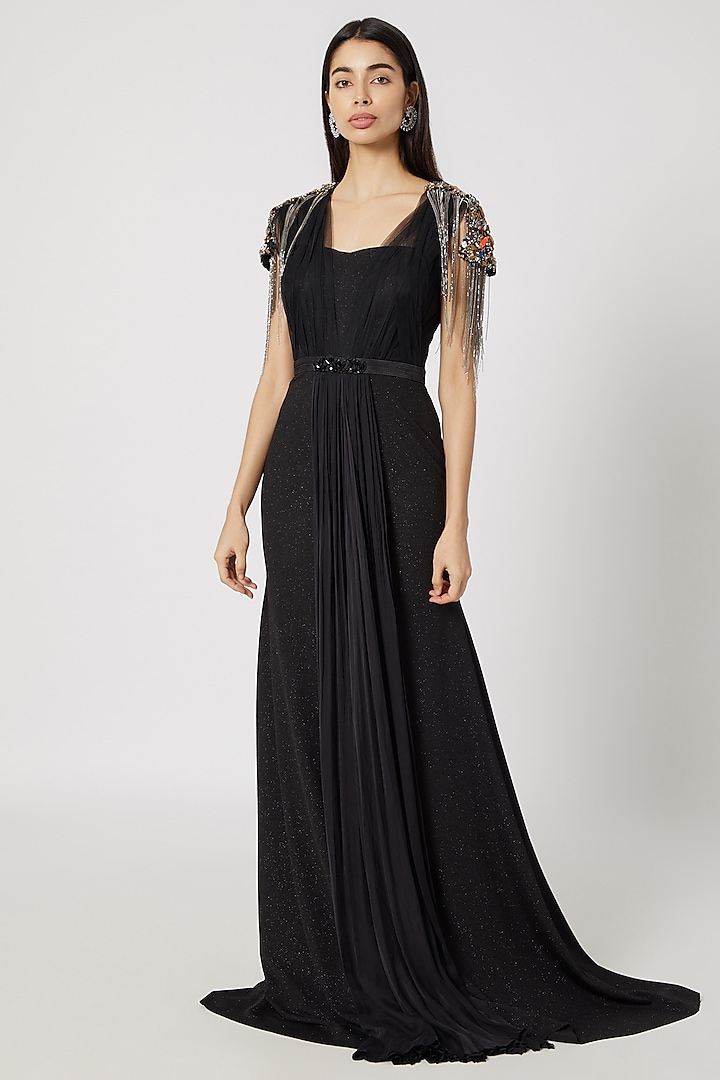Black Stones & Chains Embroidered Gown by Gavin Miguel