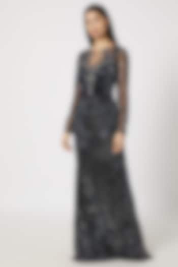 Black Embellished Pearl Gown by Gavin Miguel