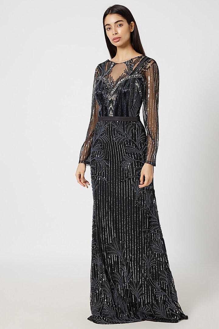 Black Embellished Pearl Gown by Gavin Miguel