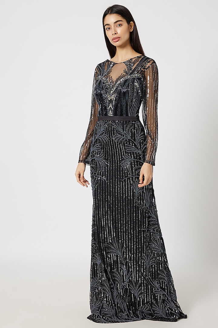 Black Embellished Pearl Gown by Gavin Miguel