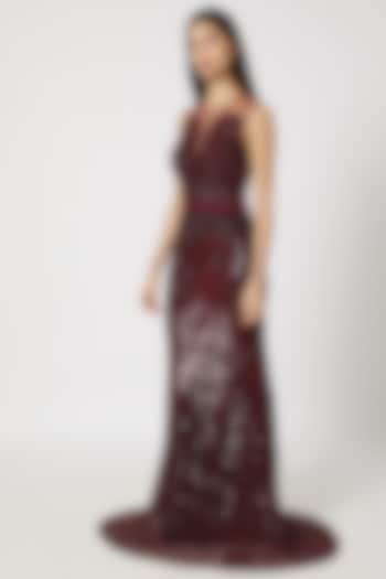 Wine Sequins Embellished Gown by Gavin Miguel