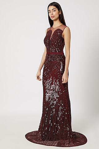Wine Sequins Embellished Gown by Gavin Miguel