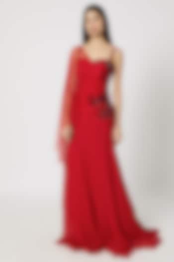 Red Embroidered Draped Gown by Gavin Miguel