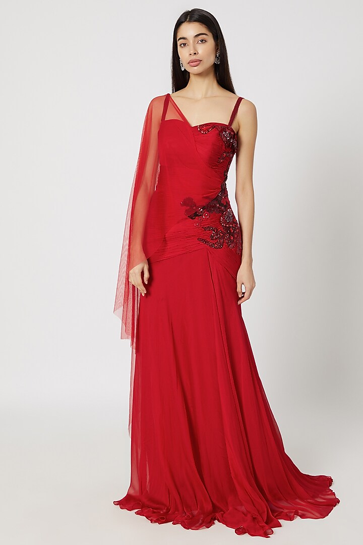 Red Embroidered Draped Gown by Gavin Miguel