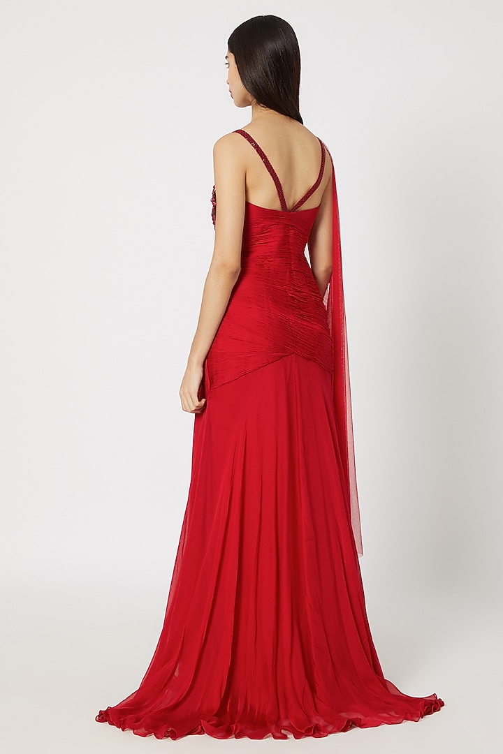 Red Embroidered Draped Gown by Gavin Miguel at Pernia's Pop Up Shop