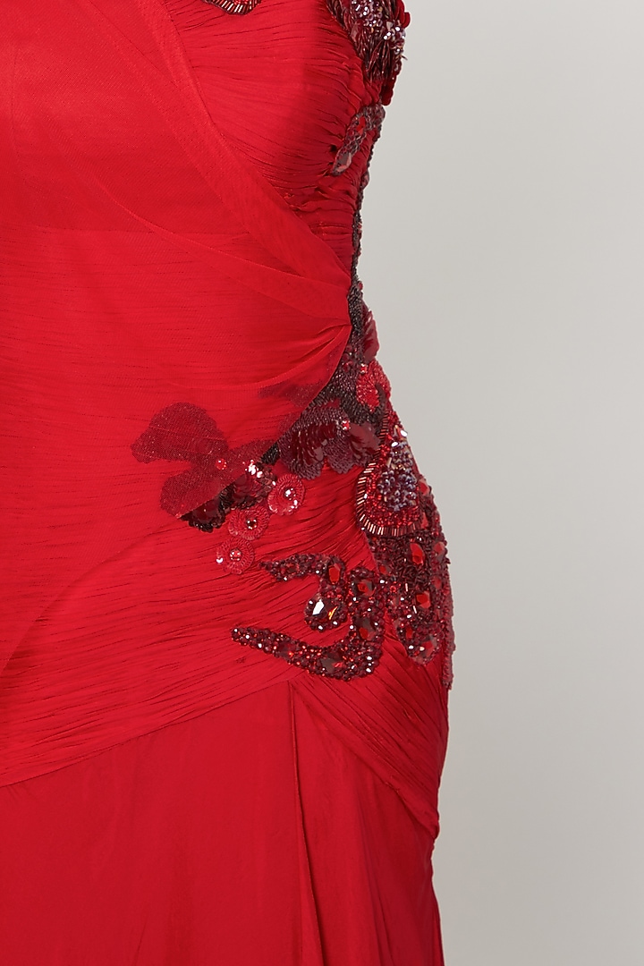 Red Embroidered Draped Gown by Gavin Miguel at Pernia's Pop Up Shop