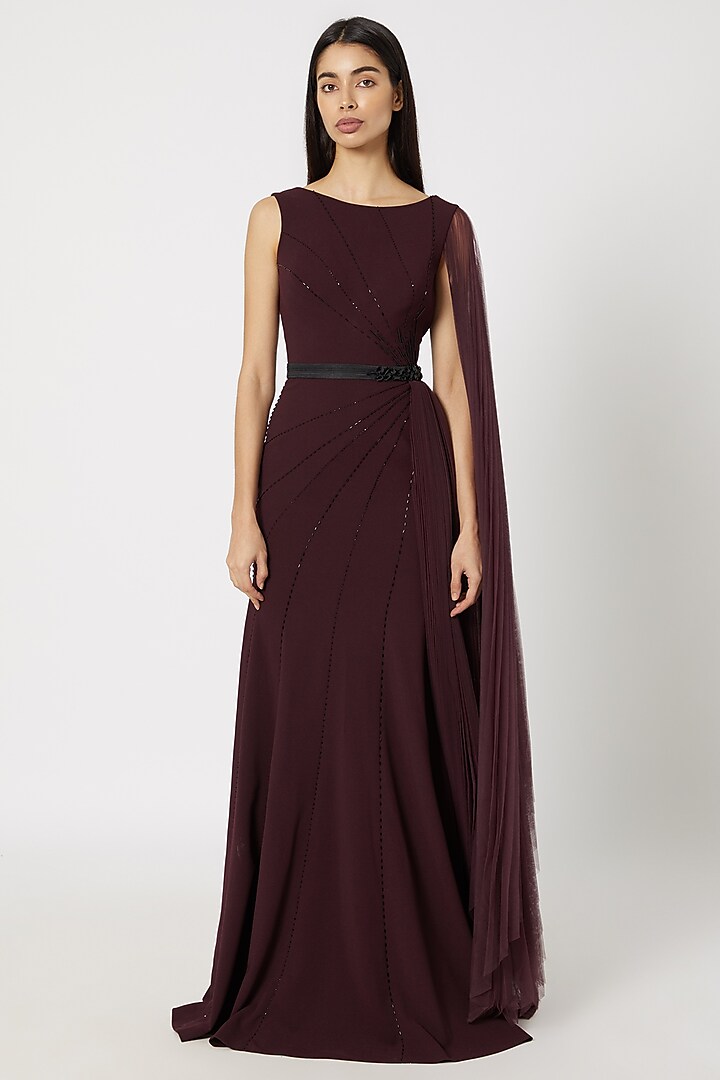 Wine Draped & Embroidered Gown by Gavin Miguel