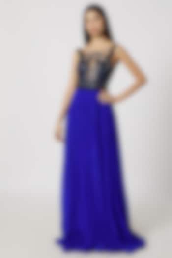 Blue Embroidered Flared Gown by Gavin Miguel