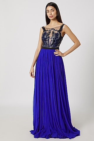 Blue Embroidered Flared Gown by Gavin Miguel