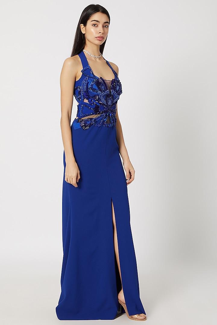Blue Bead & Sequins Embroidered Gown by Gavin Miguel