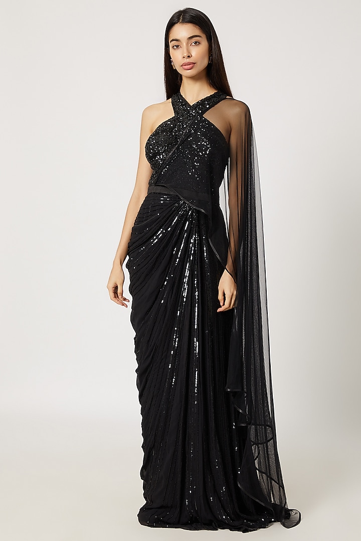 Black Sequins Embroidered Gown Saree by Gavin Miguel