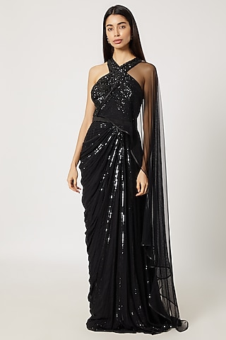 Black Sequins Embroidered Gown Saree by Gavin Miguel