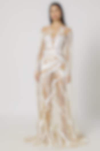 White & Nude Embroidered Gown by Gavin Miguel
