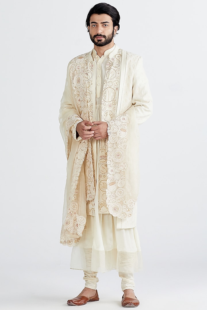 Ecru Embroidered Sherwani Set by MEGHA BANSAL MEN