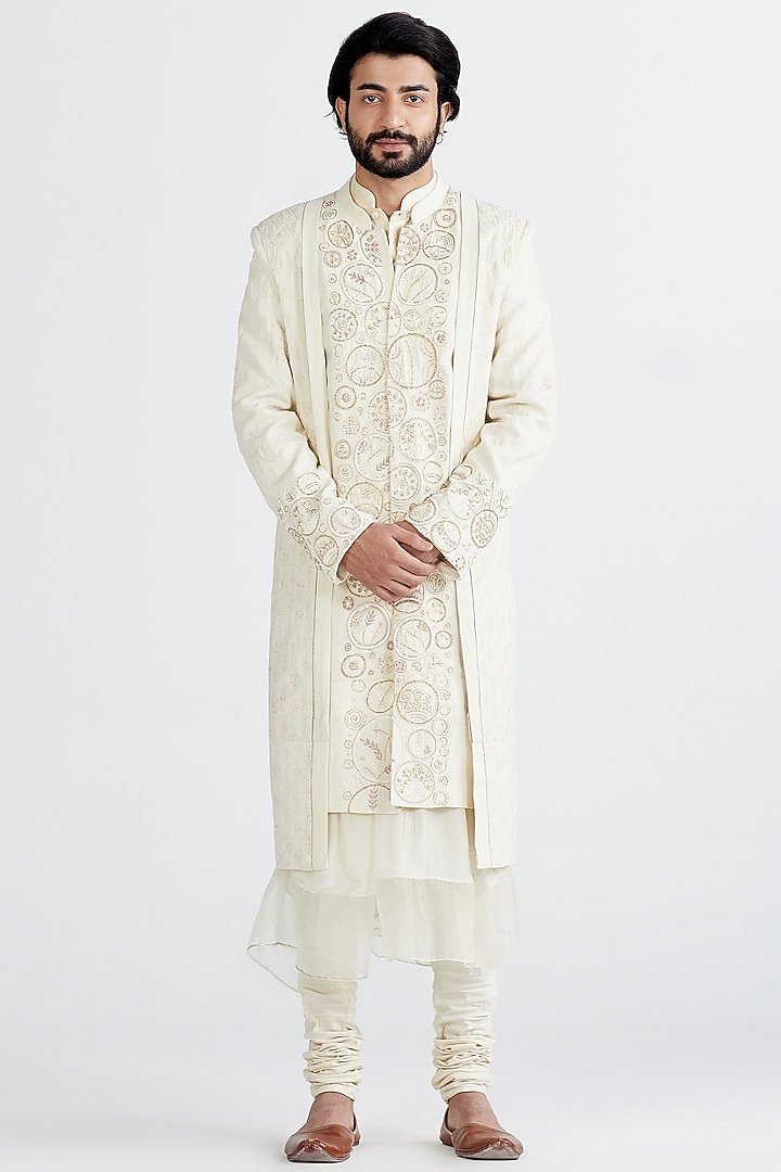 Ecru Embroidered Groom Sherwani Set by MEGHA BANSAL MEN at Pernia's Pop Up Shop