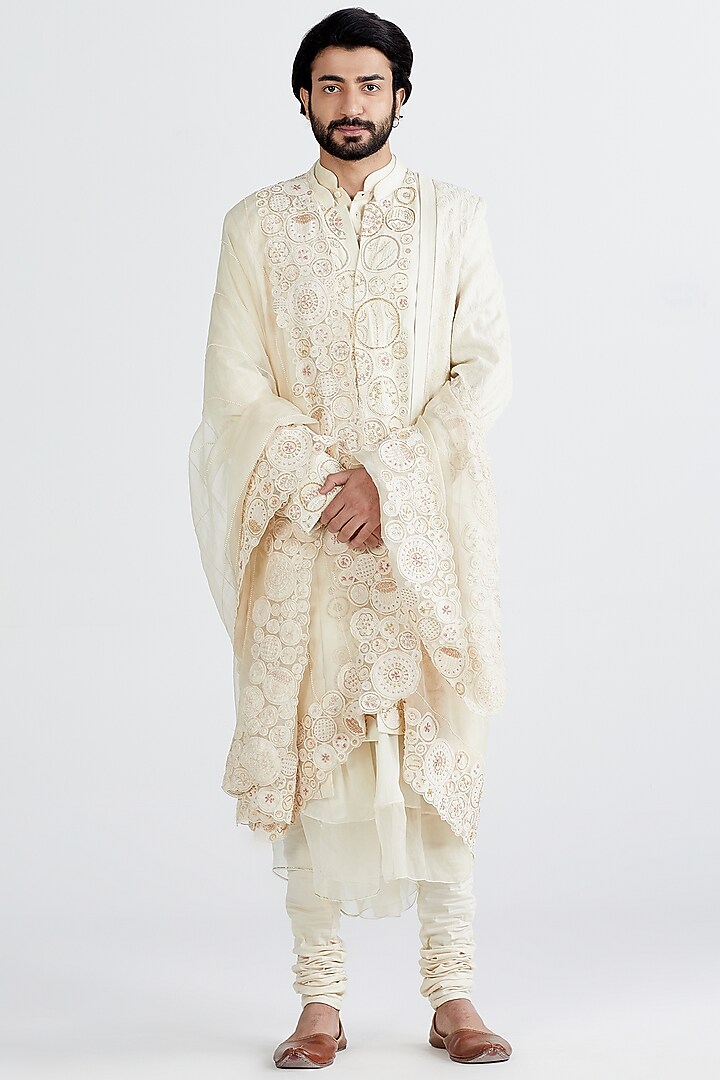 Ecru Embroidered Groom Sherwani Set by MEGHA BANSAL MEN at Pernia's Pop Up Shop
