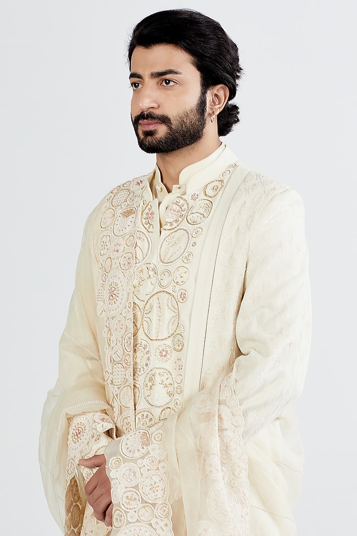 Ecru Embroidered Groom Sherwani Set by MEGHA BANSAL MEN at Pernia's Pop Up Shop