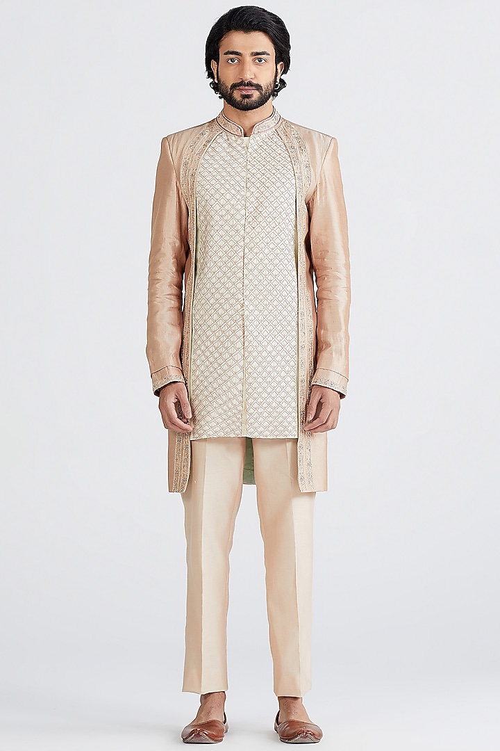 Nude Pink & Ecru Embellished Sherwani Set by MEGHA BANSAL MEN