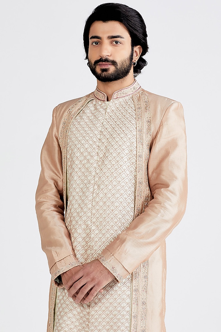 Nude Pink & Ecru Embellished Groom Sherwani Set by MEGHA BANSAL MEN at Pernia's Pop Up Shop