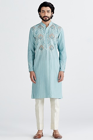 Sky Blue Embroidered Kurta Set by MEGHA BANSAL MEN
