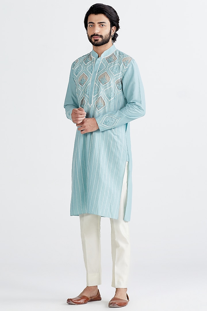 Sky Blue Embroidered Kurta Set by MEGHA BANSAL MEN at Pernia's Pop Up Shop