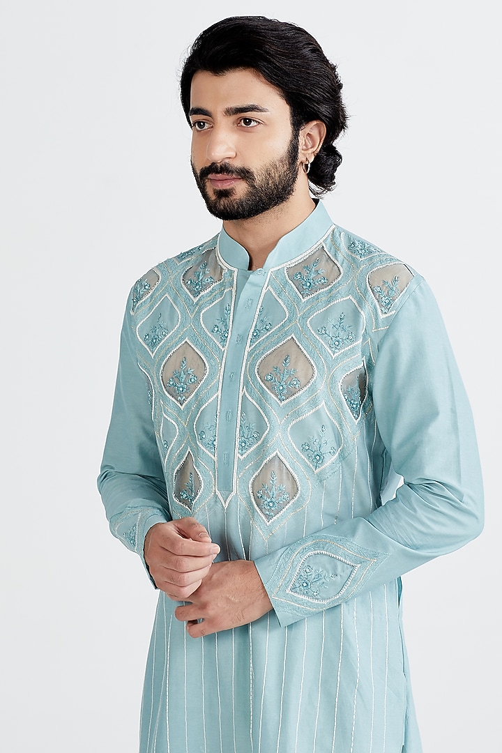 Sky Blue Embroidered Kurta Set by MEGHA BANSAL MEN at Pernia's Pop Up Shop