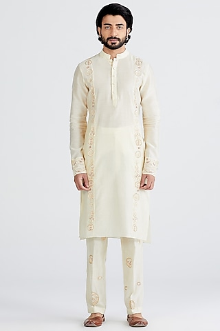 Ecru Silk Embellished Kurta Set by MEGHA BANSAL MEN
