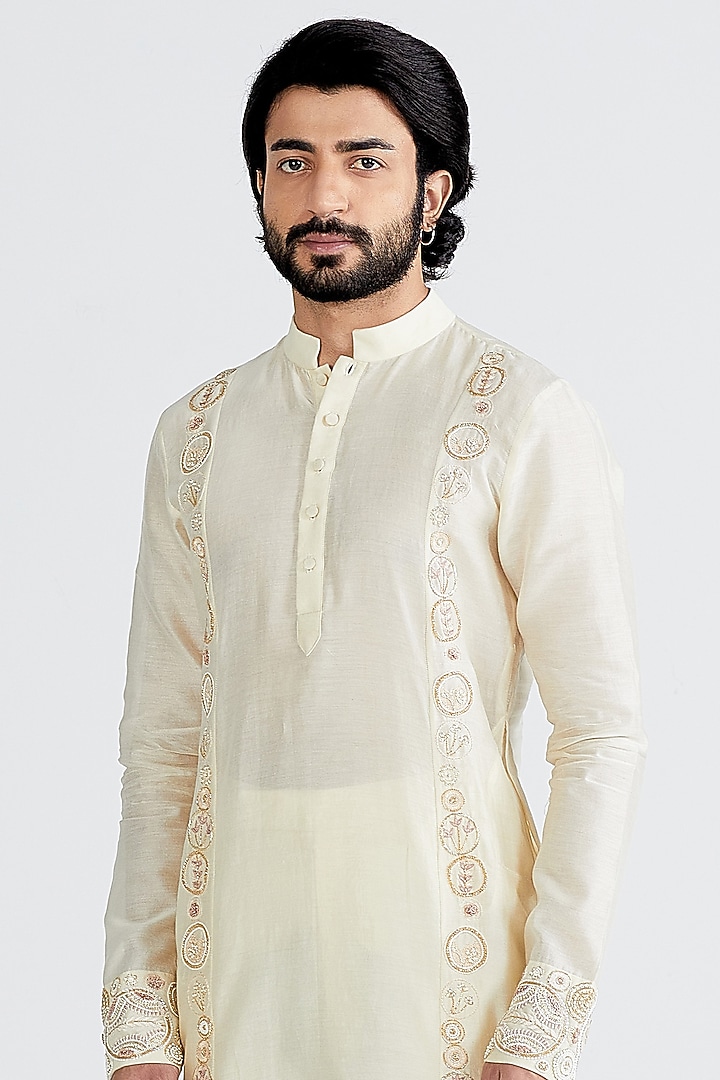 Ecru Silk Embellished Kurta Set by MEGHA BANSAL MEN at Pernia's Pop Up Shop
