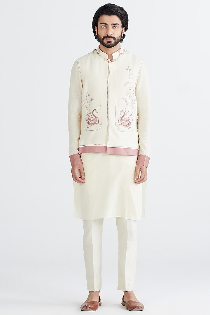 Ecru Embroidered Nehru Jacket With Kurta Set by MEGHA BANSAL MEN at Pernia's Pop Up Shop