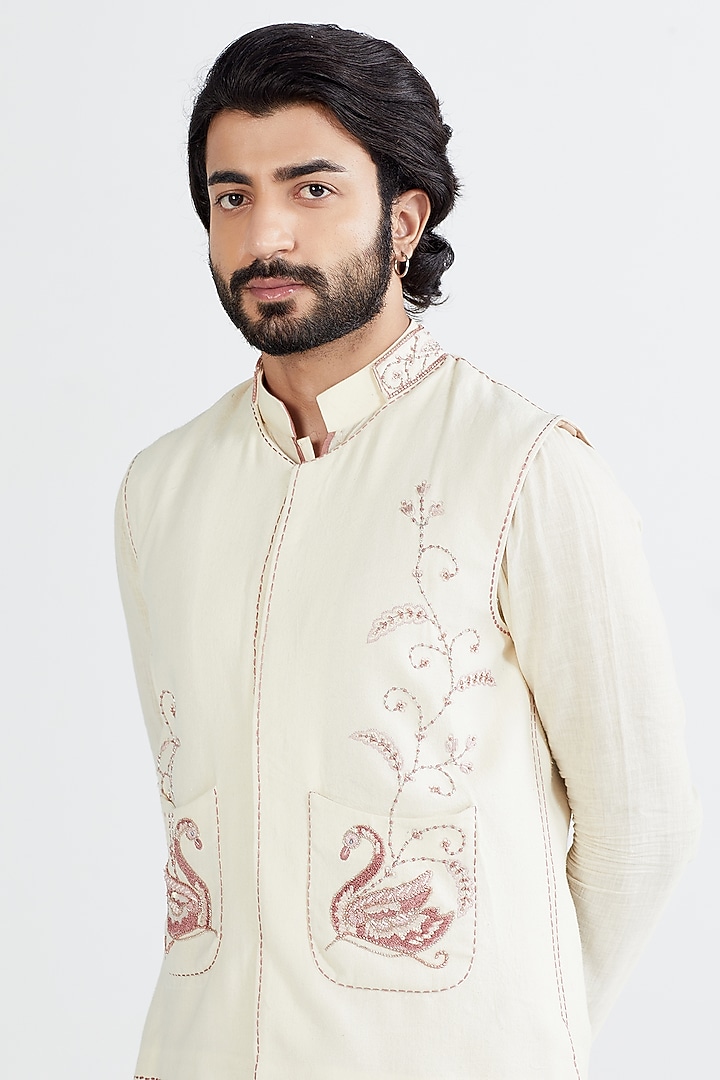 Ecru Embroidered Nehru Jacket With Kurta Set by MEGHA BANSAL MEN at Pernia's Pop Up Shop