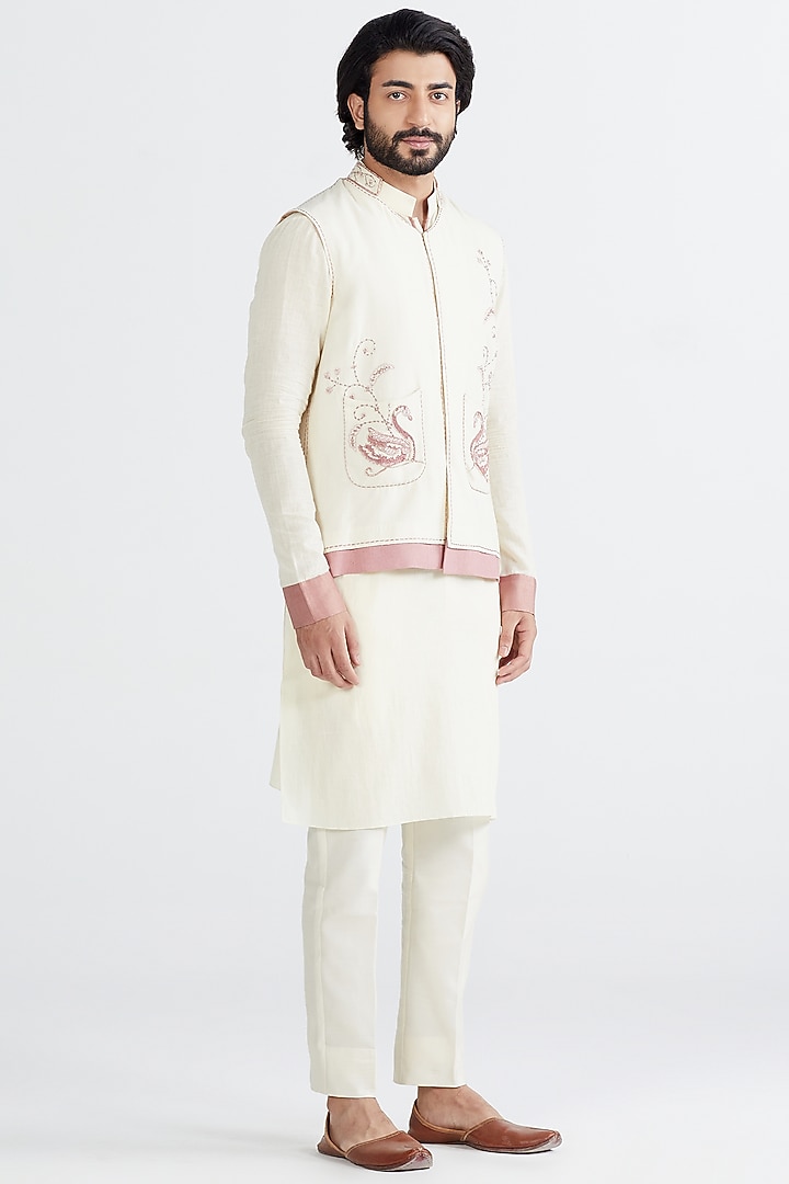 Ecru Embroidered Nehru Jacket With Kurta Set by MEGHA BANSAL MEN at Pernia's Pop Up Shop