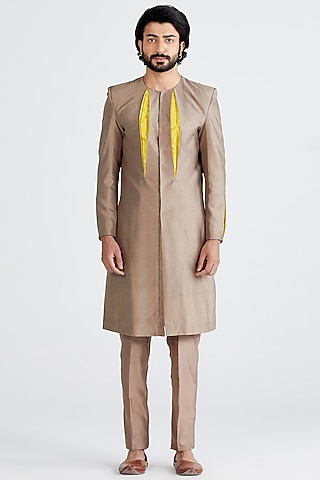 Pewter Grey Silk Embellished Kurta Set by MEGHA BANSAL MEN