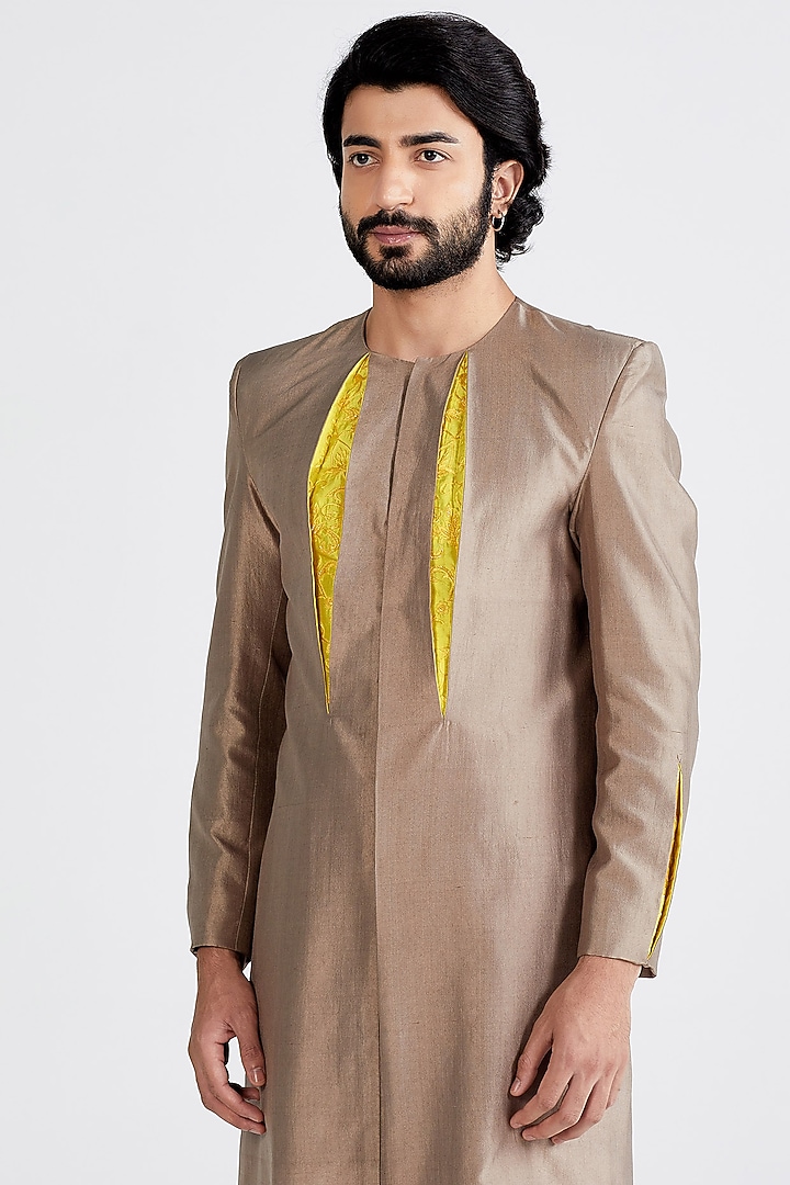 Pewter Grey Silk Embellished Kurta Set by MEGHA BANSAL MEN at Pernia's Pop Up Shop