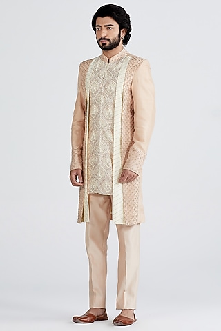 Peach Embellished Sherwani Set by MEGHA BANSAL MEN
