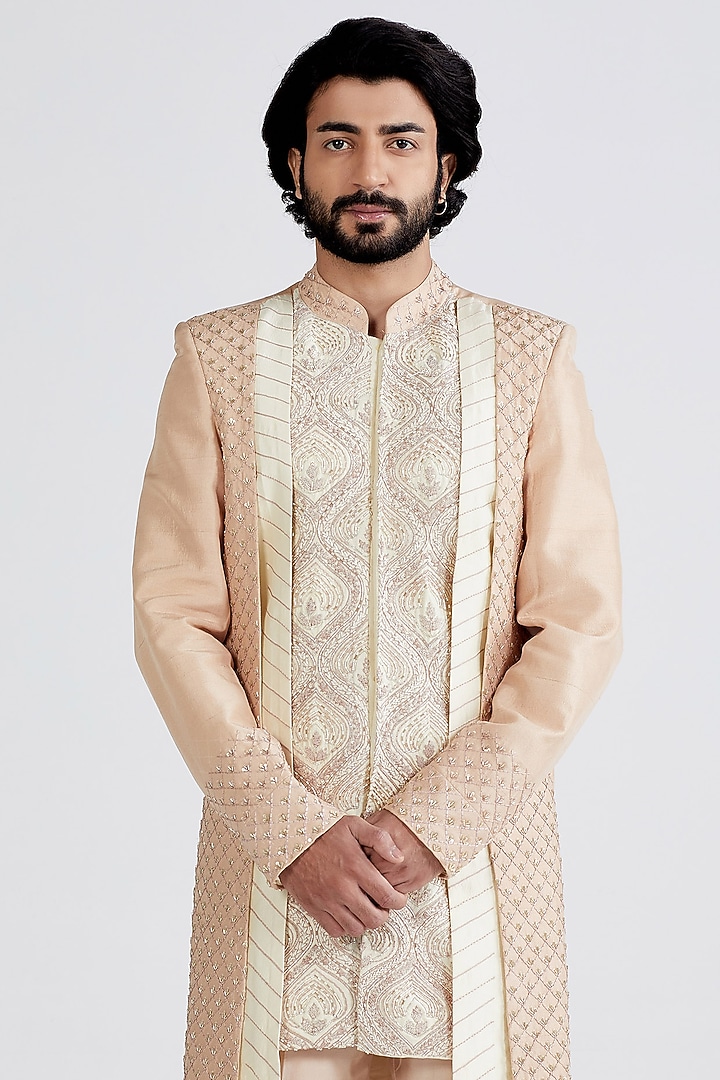 Peach Embellished Groom Sherwani Set by MEGHA BANSAL MEN at Pernia's Pop Up Shop