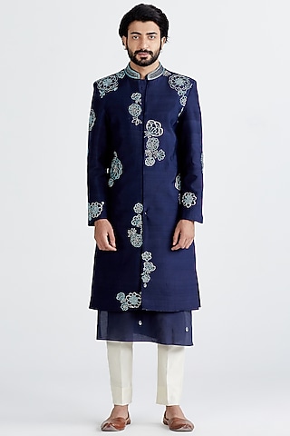 Navy Blue Hand Embellished Sherwani Set by MEGHA BANSAL MEN