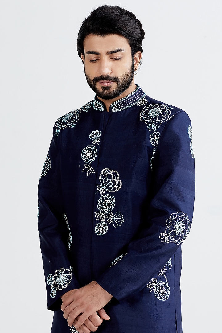Navy Blue Hand Embellished Wedding Sherwani Set by MEGHA BANSAL MEN at Pernia's Pop Up Shop