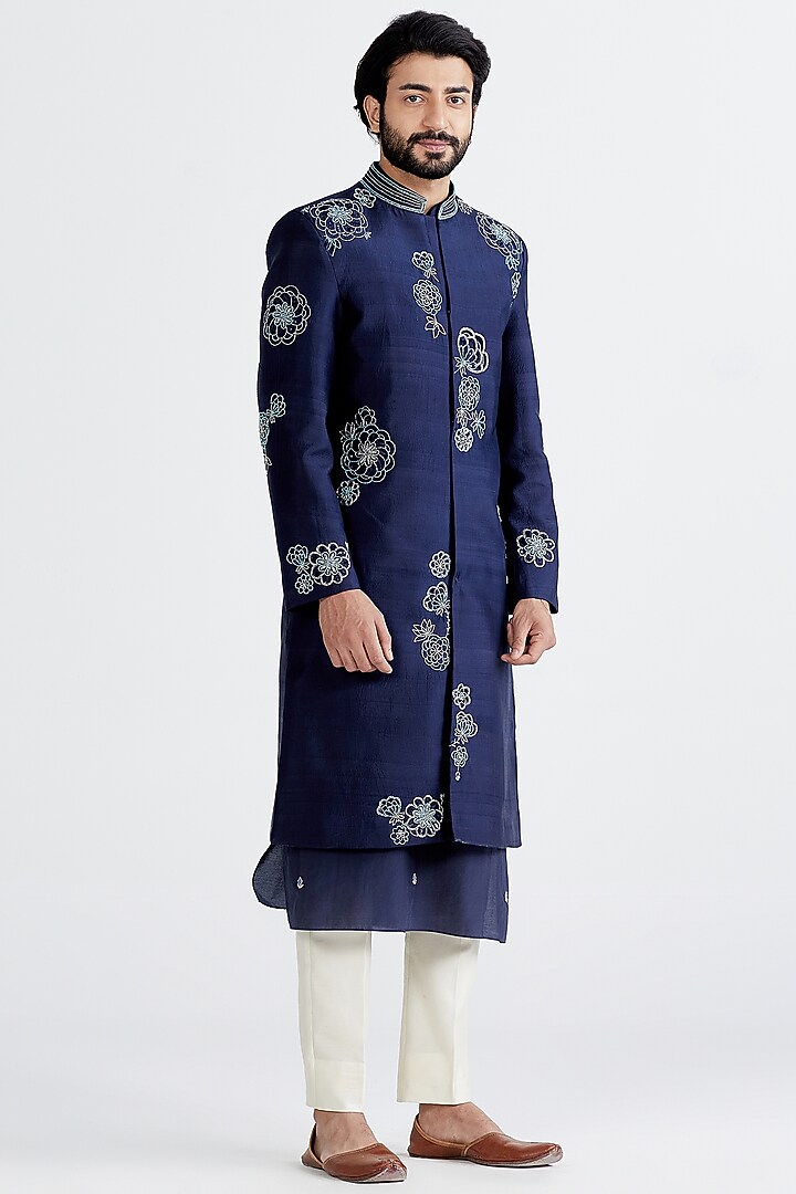 Navy Blue Hand Embellished Wedding Sherwani Set by MEGHA BANSAL MEN at Pernia's Pop Up Shop