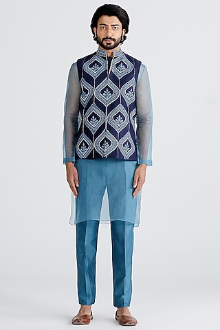 Navy Blue Embroidered Nehru Jacket With Kurta Set by MEGHA BANSAL MEN