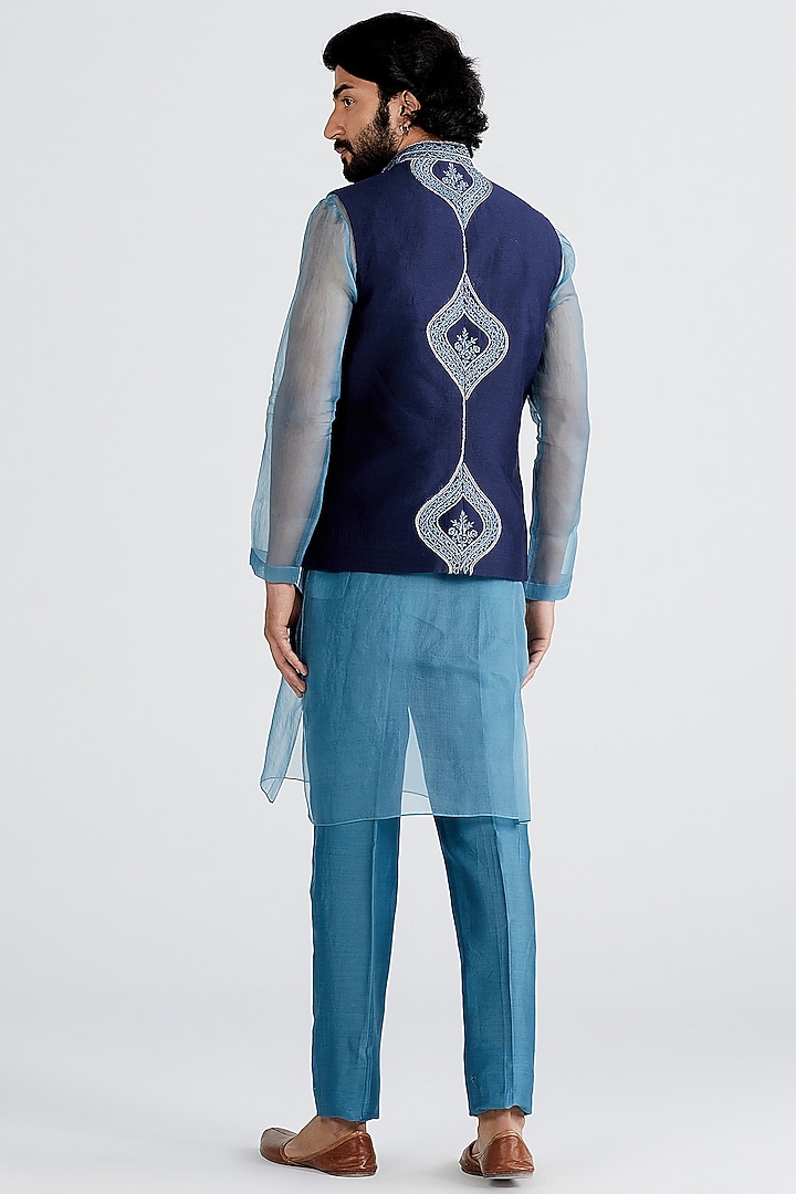 Navy Blue Embroidered Nehru Jacket With Kurta Set by MEGHA BANSAL MEN at Pernia's Pop Up Shop