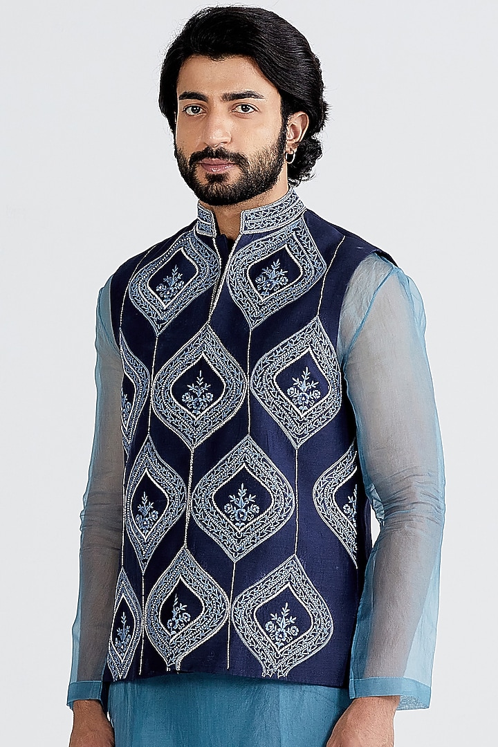 Navy Blue Embroidered Nehru Jacket With Kurta Set by MEGHA BANSAL MEN at Pernia's Pop Up Shop