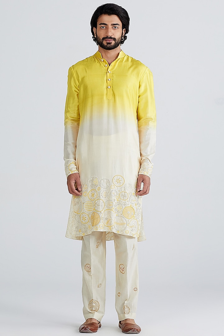 Lime & Ecru Silk Embroidered Kurta Set by MEGHA BANSAL MEN