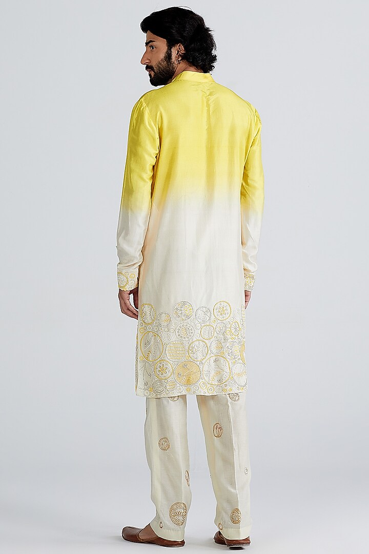 Lime & Ecru Silk Embroidered Kurta Set by MEGHA BANSAL MEN at Pernia's Pop Up Shop