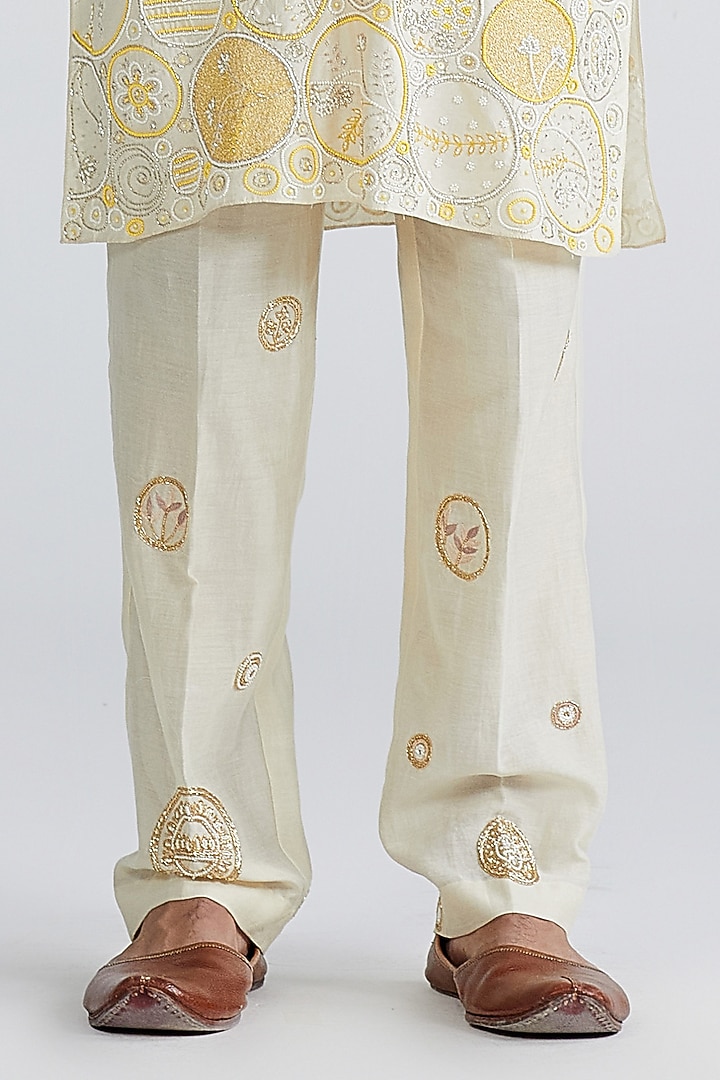 Lime & Ecru Silk Embroidered Kurta Set by MEGHA BANSAL MEN at Pernia's Pop Up Shop